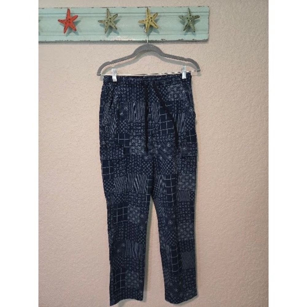 Lands End Indigo Blue Patchwork Print Jogger Pants Women Small 6-8 Drawstring